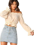 Women's Sexy Striped Off Shoulder Long Sleeve Shirt Ruffle Trim Blouses Top