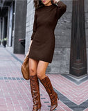 Women Sweater Bodycon Short Dress Long Sleeve Crew Neck Slim Fit Solid Dressy Fall Winter Mini Ribbed Knit Dresses(Solid Dark Coffee, Large)