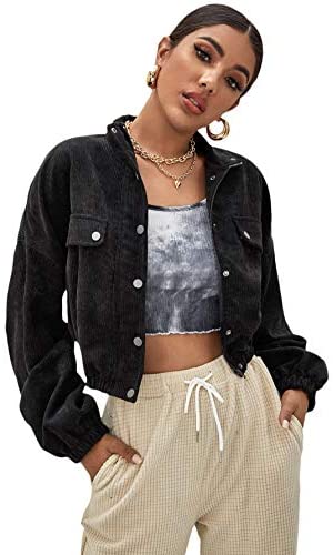 Women's Basic Long Sleeve Collared Press Button Down Cord Jacket Outerwear