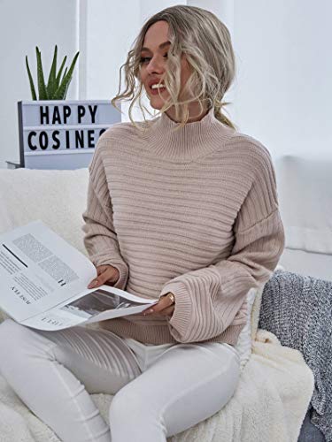 MakeMeChic Women's Solid High Neck Drop Shoulder Textured Pullover Sweater Apricot L