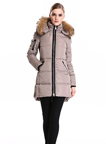 Women's Down Coat With Real Raccoon Fur Hooded Parka Jacket (Large, Wine)