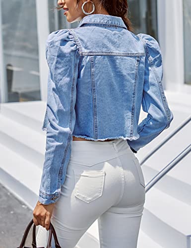 Women's Vintage Frayed Raw Hem Ripped Long Puff Sleeve Crop Denim Jacket (DarkBlue-M)