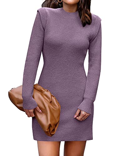 Women Sweater Bodycon Short Dress Long Sleeve Crew Neck Slim Fit Solid Dressy Fall Winter Mini Ribbed Knit Dresses(Solid Dark Coffee, Large)