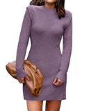 Women Sweater Bodycon Short Dress Long Sleeve Crew Neck Slim Fit Solid Dressy Fall Winter Mini Ribbed Knit Dresses(Solid Dark Coffee, Large)