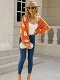 Women's Cardigan Sweaters - Floral Knit Open Front Crop Cardigans Long Sleeve Sweater Outwear Tops Orange L