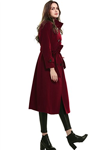 Women's Double-Breasted Trench Coat Wool Jacket with Belt Wine L