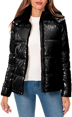 Women's Winter Hooded Shiny Puffer Jacket Casual Warm Quilted Full Zip Short Bubble Padded Coat (as1, alpha, s, regular, regular, Dark Gold, Small)