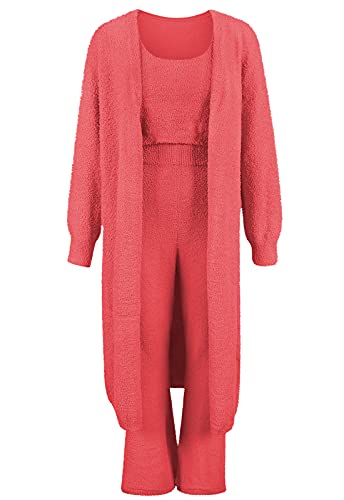 Womens Fuzzy Fleece 3 Piece Pajama Set Tank Crop Tops Pants Open Front Cardigan Lounge Outfit Light Blue S