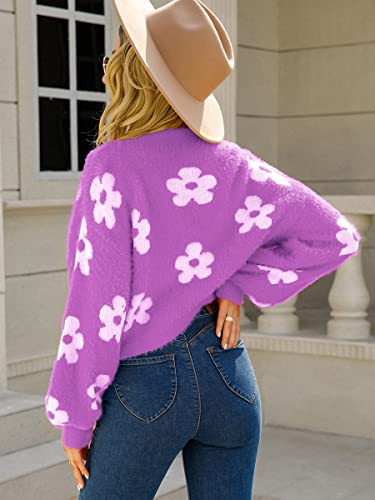 Women's Cardigan Sweaters - Floral Knit Open Front Crop Cardigans Long Sleeve Sweater Outwear Tops Orange L