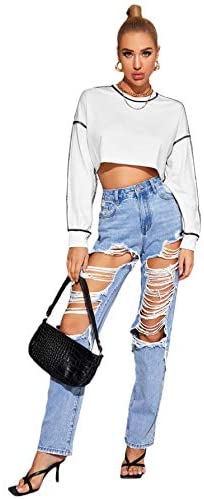 Women's Loose Contrast Stitch Long Sleeve Drop Shoulder Crop Pullover Sweatshirt