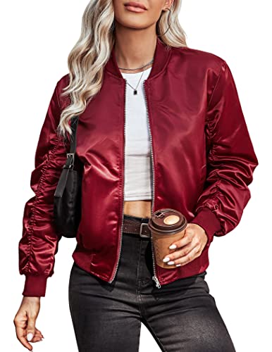 Womens Casual Jackets Long Sleeve Lightweight Fall Satin Bomber Jacket Zip Up Biker Windbreaker Coat with Pockets
