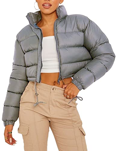 Women Cropped Puffer Jacket Winter Zip Up Short Padded Down Coat(Green-M)