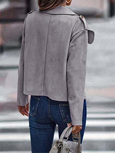 Faux Suede Jacket for Women Casual Long Sleeve Button Notch Collar Short Moto Biker Coat Fall Dark Khaki Small