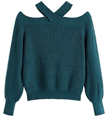 Women's Casual Off Shoulder Long Sleeve Solid Halter Sweater