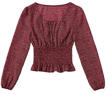 Women's Sexy Frill Ditsy Floral Print Crop Top Square Neck Long Sleeve Shirred Blouse Tops