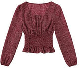 Women's Sexy Frill Ditsy Floral Print Crop Top Square Neck Long Sleeve Shirred Blouse Tops