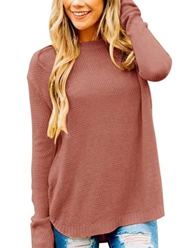 Women's Long Sleeve Oversized Crew Neck Solid Color Knit Pullover Sweater Tops Mocha