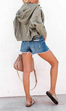 Denim Jacket for Women Distressed Ripped Frayed Crop Jean Jacket American Flag Long Sleeve Light Blue Button Closure Bike Coat