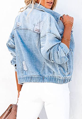 Denim Jacket for Women Distressed Ripped Frayed Crop Jean Jacket American Flag Long Sleeve Light Blue Button Closure Bike Coat