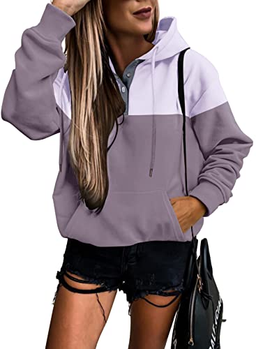 Womens Casual Hoodies Long Sleeve Drawstring Lightweight Solid Hooded Sweatshirt Button Loose Pullover Tops Fall Clothes with Pocket