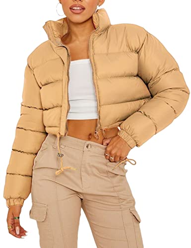 Women Cropped Puffer Jacket Winter Zip Up Short Padded Down Coat(Green-M)