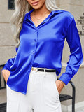 Black Silk Button Up Shirt Women Satin Blouse Casual V-Neck Long Sleeve Business Office Blouses Tops Black S