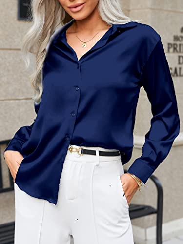 Black Silk Button Up Shirt Women Satin Blouse Casual V-Neck Long Sleeve Business Office Blouses Tops Black S
