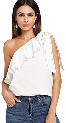 Women's Casual Sleeveless Tie Knot One Shoulder Ruffle Blouse Top