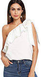Women's Casual Sleeveless Tie Knot One Shoulder Ruffle Blouse Top