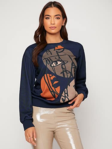 Women's Figure Graphic Print Sweatshirt Round Neck Long Sleeve Contrast Color Graffiti Pullovers Brown L