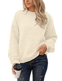 Women's Chunky Sweater Crewneck Sweatshirt Knit Lantern Sleeve Oversized Pullover Sweater with Pearls (Large, Grey)