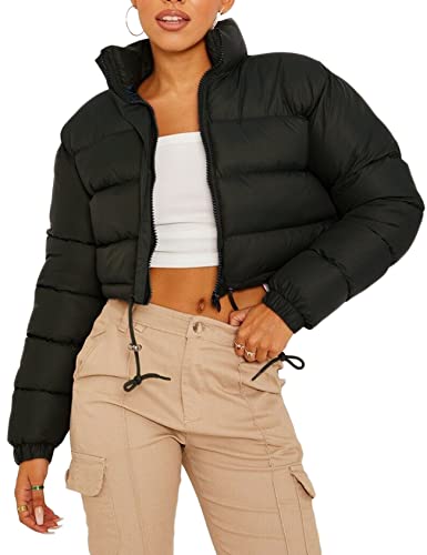 Women Cropped Puffer Jacket Winter Zip Up Short Padded Down Coat(Green-M)