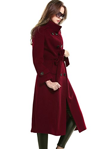 Women's Double-Breasted Trench Coat Wool Jacket with Belt Wine L