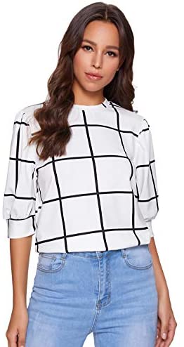 Women's Puff Sleeve Plaid Work Blouse High Neck Office Top
