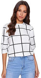 Women's Puff Sleeve Plaid Work Blouse High Neck Office Top