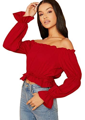 Women's Sexy Striped Off Shoulder Long Sleeve Shirt Ruffle Trim Blouses Top