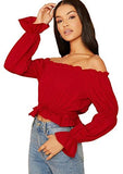 Women's Sexy Striped Off Shoulder Long Sleeve Shirt Ruffle Trim Blouses Top