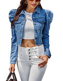 Women's Vintage Frayed Raw Hem Ripped Long Puff Sleeve Crop Denim Jacket (DarkBlue-M)