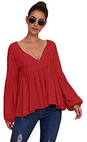 Women's Casual V Neck Flounce 3/4 Sleeve Top Ruffle Loose Blouse