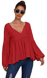 Women's Casual V Neck Flounce 3/4 Sleeve Top Ruffle Loose Blouse