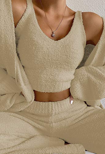 Womens Fuzzy Fleece 3 Piece Pajama Set Tank Crop Tops Pants Open Front Cardigan Lounge Outfit Light Blue S