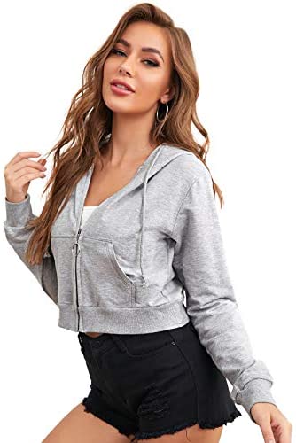 Women's Crop Zip Up Drawstring Pocket Basic Zipper Hooded Sweatshirt