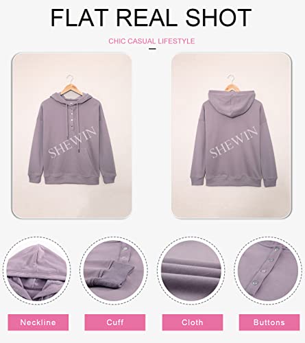 Womens Casual Hoodies Long Sleeve Drawstring Lightweight Solid Hooded Sweatshirt Button Loose Pullover Tops Fall Clothes with Pocket
