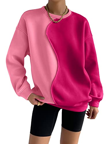 Women's Color Block Crew Neck Oversized Sweatshirt Drop Shoulder Casual Pullover