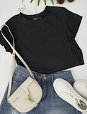 Womens Summer Short Sleeve Crewneck Crop Tops Casual Solid T-Shirts, Black