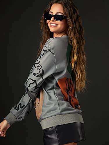 Women's Figure Graphic Print Sweatshirt Round Neck Long Sleeve Contrast Color Graffiti Pullovers Brown L