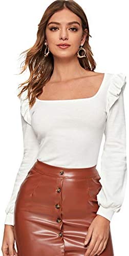 Women's Long Sleeve Scoop Neck Ruffle Trim Top Blouse Lantern Sleeve Solid Tee