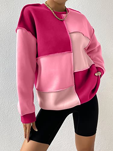 Women's Color Block Crew Neck Oversized Sweatshirt Drop Shoulder Casual Pullover