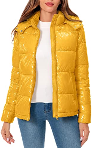 Women's Winter Hooded Shiny Puffer Jacket Casual Warm Quilted Full Zip Short Bubble Padded Coat (as1, alpha, s, regular, regular, Dark Gold, Small)