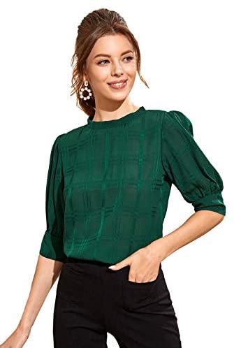 Women's Puff Sleeve Plaid Work Blouse High Neck Office Top